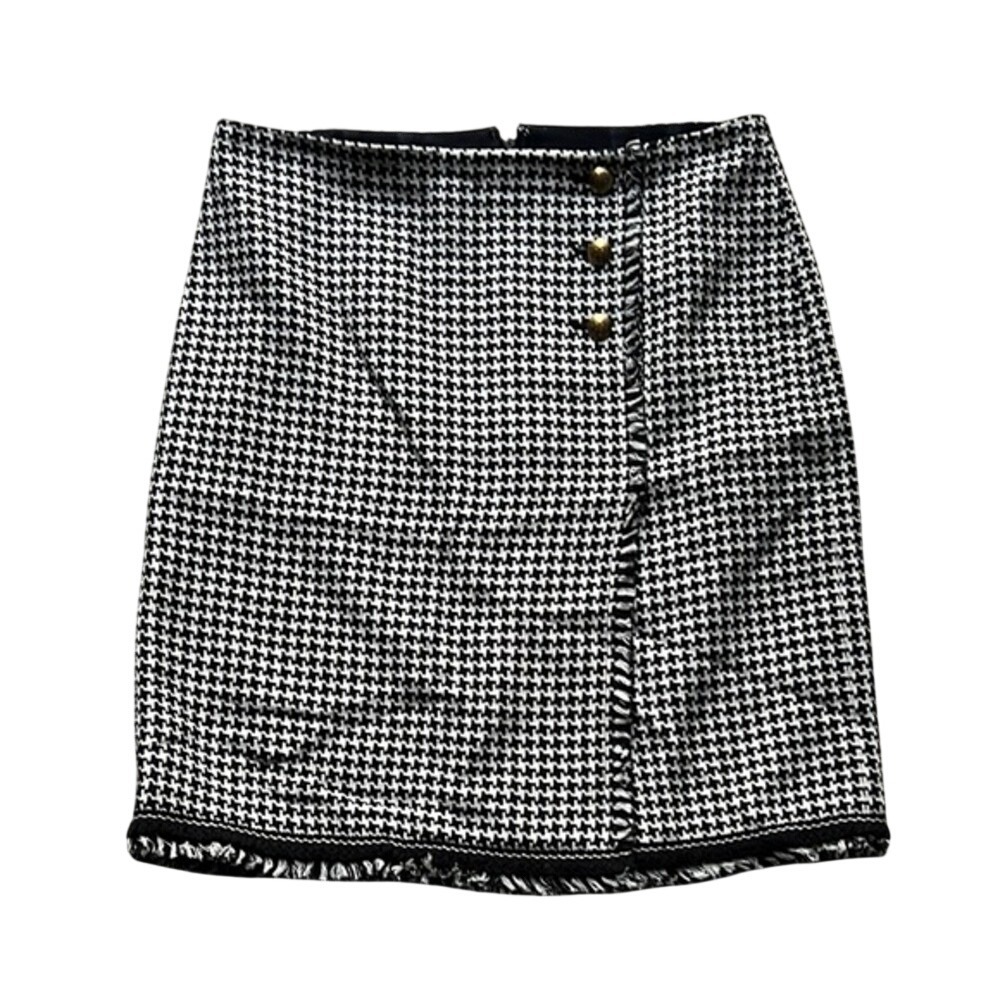 Talbots‎ Petites Houndstooth Tweed Fringe Mini Skirt Gold Buttons Size 8P